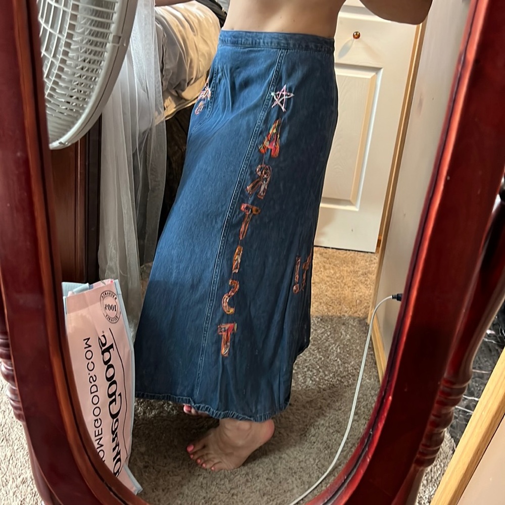 Hand made artist Art Is Life jean denim Skirt Upcycled one of kind wow large